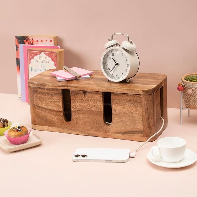 Cable Management Box & Cord Organizer- Cable Organizer for Desk, Home, Office. Hides Wires, Surge Protectors, Power Strips. Eco Friendly Mango Wood Cord Management Solution (Natural Acacia) - Image 7