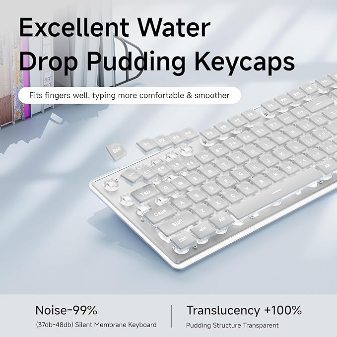 EWEADN X7S Wireless Keyboard with White Backlit, Metal Panel, 2.4G Rechargeable Computer Keyboard Silent Light up Full Size Cute Keyboards for Win & MAC - White