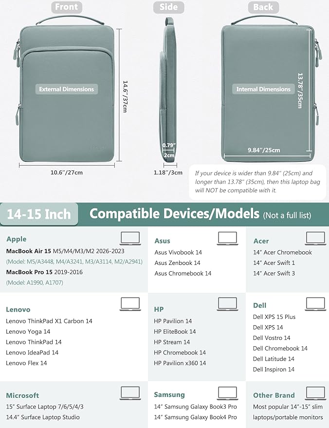 HYZUO 14-15 Inch Laptop Bag Sleeve for MacBook Air 15 M5 A3448 M4 M3 M2 2026-2023, MacBook Pro 15, XPS 14/15 Plus, 15" Surface Laptop, Notebook Case for 14" Dell HP Lenovo Asus Acer, Ash Blue