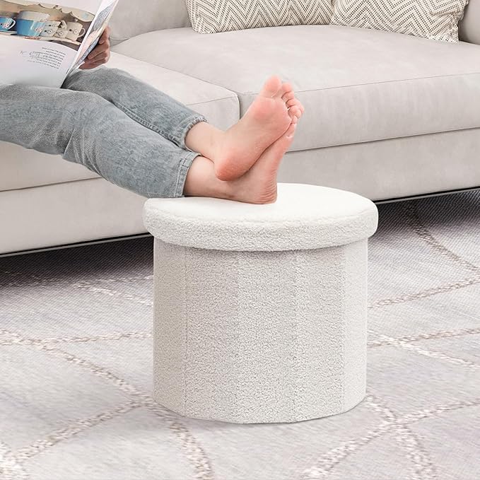 B FSOBEIIALEO Storage Ottoman Cube, Round Ottomans with Storage Foot Stool Footrest for Lving Room, Boucle Ottoman Seat for Dorm Room,Faux Teddy Fur, White 15"x15"x13.19"