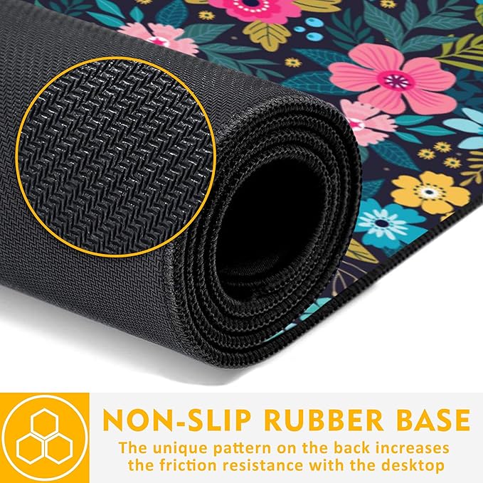 Beautiful Flowers Desk Pad, Colorful Modern Floral Gaming Mouse Pad Mat, 31.5"X15.7" Extended Gaming Mouse Pad with Stitched Edge Non-Slip Base for Office, Keyboard, Laptop