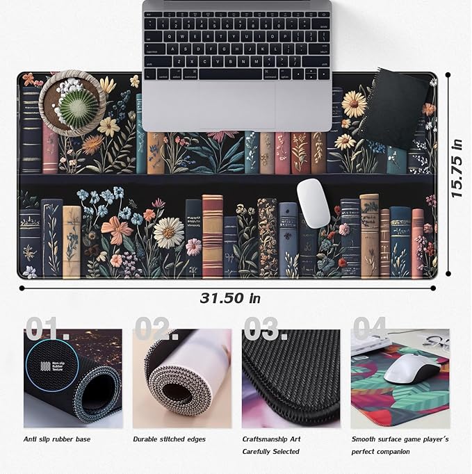 Bookish Desk Mat Floral Bookshelf Desk Pad Faux Embroidery Large Mouse Pad XXL Extended Mousepad Flower Aesthetic Keyboard Pad Mouse Mat 31.5''X15.7''in Book Lovers Gift Office Decor for Women