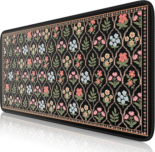 iCasso Floral Desk Pad Mat, Large Mouse Pad, Desk Matt for Desktop, Anti-Slip XXL Big Mousepad with Stitched Edges for Computer Keyboard (Black Moroccan)