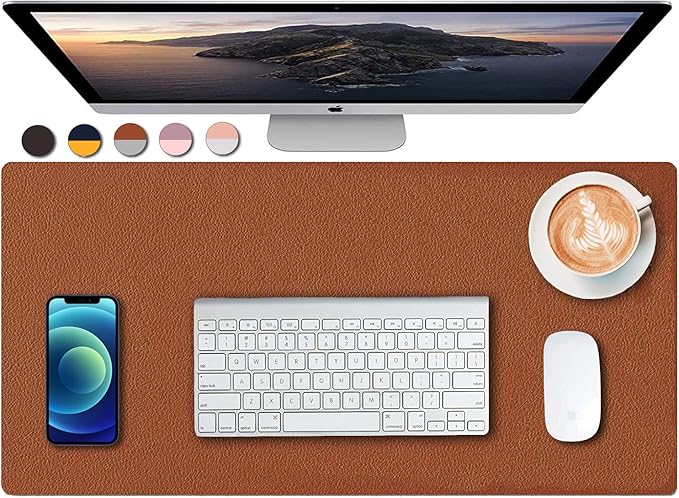 Dual Sided PU Leather Desk Pad, Mouse Pad, Office Desk Mat, Non-Slip Laptop Desk Pad, Waterproof Desk Writing Pad for Office and Home (23.6" x 11.8", Brown+Silver)