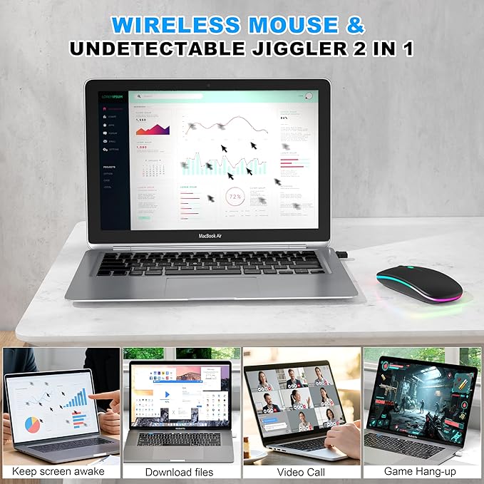 Bluetooth LED Wireless Mouse for MacBook Air iPad Pro Mac Laptop PC - Slim RGB Wireless Mouse, 3 Mode BT 5.2 & 2.4G USB-A/Type-C Connectivity Portable Mice with Jiggler Mode, Matte Black