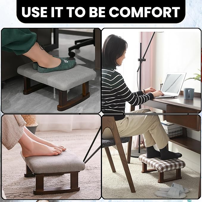 Small Footstool Office Under Desk Ottoman Padded Hassock 16.1"(41cm) x 6.7"(17cm) with Wooden Legs Modern Living Room Bedroom Work Nail Salon Compact Footrest Stool Relaxation Rest Foot Stool (Grey)