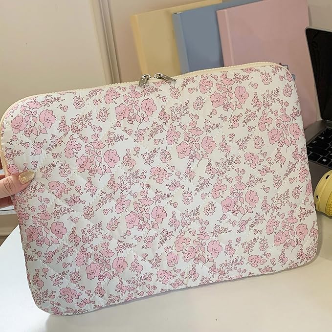Puffy Laptop Sleeve 13-15.6 Inch Cute Quilted Laptop Protective Case Padded Floral Computer Sleeve for MacBook (B-Pink Floral, 15 Inch)