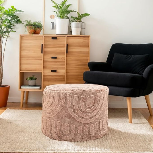 Round Plush Ottoman Pouf Stuffed– Fluffy Ottoman Foot Rest with Modern Foam Filler 20" x 14" Cozy Floor Pouf for Living Room & Bedroom