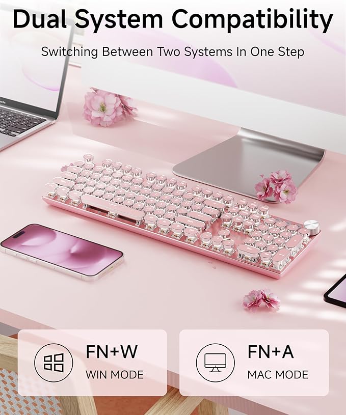 EWEADN V20 Typewriter Keyboard Wireless,104 Keys Typewriter Style Mechanical with White Backlit, Media Knob, White Switch 2.4G/Bluetooth/USB-C Retro Full Size Keyboard for Windows/Mac/PC-Dark Pink
