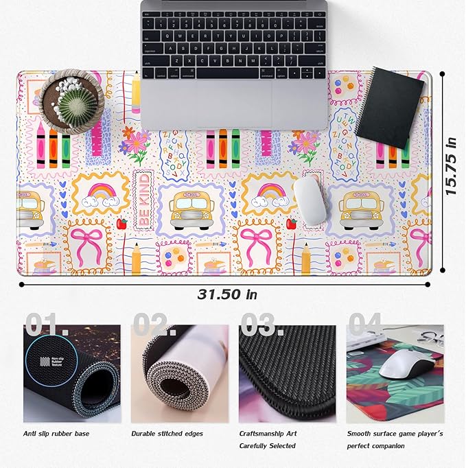 Pink Cute Desk Mat 31.5''X15.7'' Teacher Desk Pad Large Mouse Pad Teacher Appreciation Gift Back to School Extended Gaming Mousepad XXL Keyboard Mouse Mat for Computer Laptop Classroom Decor
