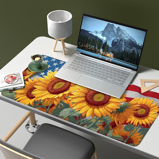 Mouse Pad, Large Anti-Slip with Stitched Edges Desk Mat Desktop Laptop Computer Desk Keyboard Mat,Table Protector Blotter Mat (Sunflower, 35.4" x 15.7")