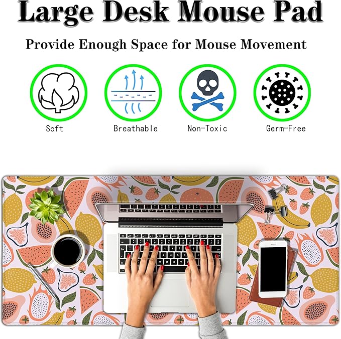 Large Desk Pad, Keyboard Mouse Pad Gaming Desk Mats, Mouse Pad Mat Non-Slip Rubber Base Waterproof with Stitched Edges, 35.4 X 15.7 inch for Work/Game/Office/Home Bright Summer Cartoon Fruits