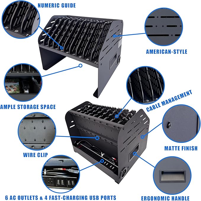 Laptop Charging Station for Classroom, Office, or Home, 10-Device Organizer with 6 AC Outlets & 4 Fast-Charging USB Ports, Fits Laptops, Tablets & E-Readers up to 1.3" Thick, 15.6"