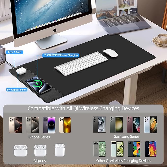 Mouse Pad with Wireless Charging, Gaming Mouse Pad with Ultra-Smooth Surface, Large XXL Desk Mat, Non-Slip Mouse Mat, Waterproof Computer Keyboard Pad for Gaming, Desk, Office, PC, 800x400x4MM, Black