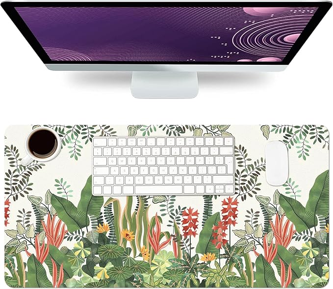 Desk Mat Large Protector Pad 27.5" ×13.8", Non-Slip PU Leather Desk Blotter, Waterproof Mouse Pad for Office Home Foliage