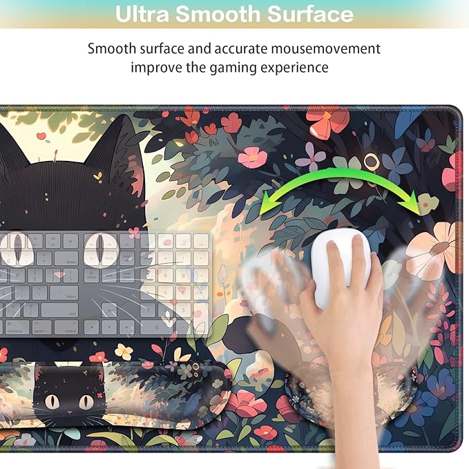 Mouse Pad Anime, Mouse Pad with Wrist Rest, 4-in-1 XXL Large Desk Mat Kawaii Mousepad with Gel Wrist Support Keyboard Wrists Rest Coaster, Ergonomic Gaming Cat Desk Pad, Funny Cute Office Accessories