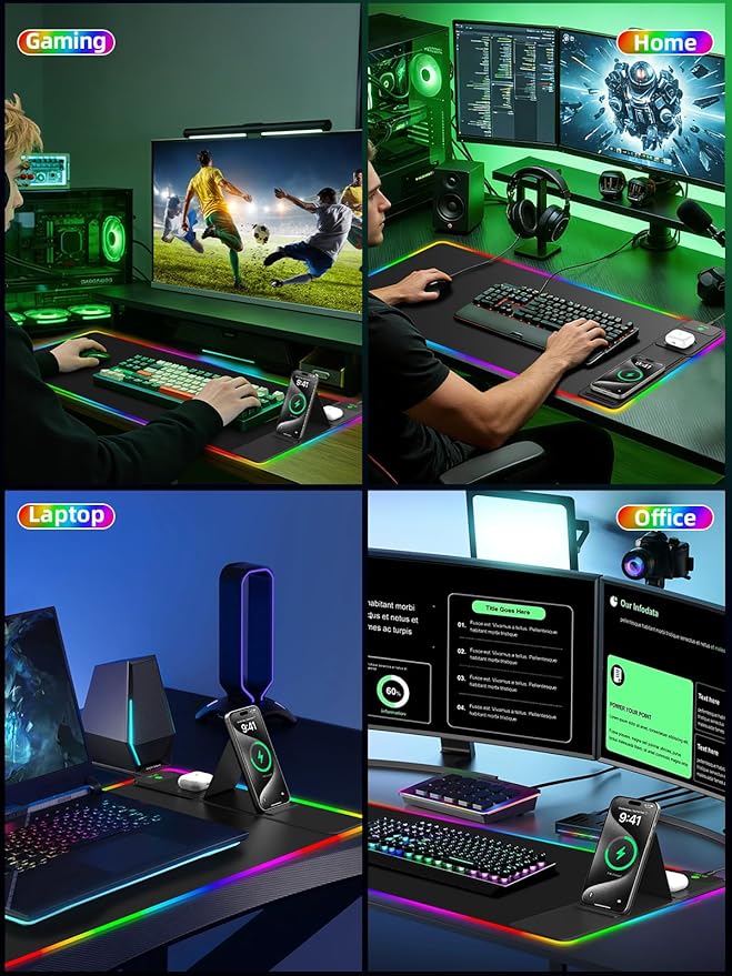Mouse Pad with Adjustable Phone Stand Dual Wireless Charger, 15W Fast Charging Desk Mat, Extra Large 31.5x15.75 Waterproof Desk Pad for iPhone Samsung Air-Pods, Gaming Mousepad w/ 11&4 RGB
