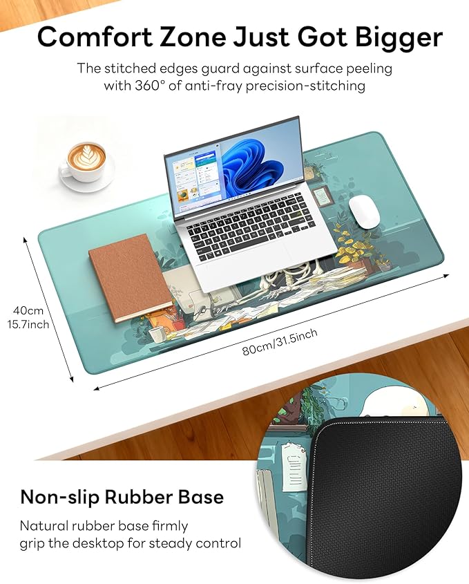 XL Gaming Mouse Pad, 31.5x15.7'' Large Desk Mat with Anti-Slip Rubber Base & Stitched Edges for Gaming, Office, Home - Office Skeleton