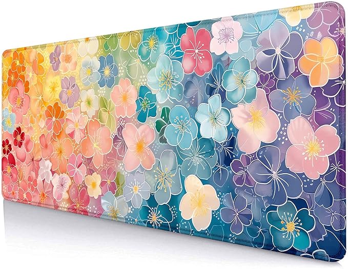 Colorful Flowers Large Mouse Pad Mat, Pink Blue Yellow and Green Pattern Desk Mat, Watercolor Beautiful Floral Computer Desk Pads for Office, Non-Slip Laptop Computer Pad, 31.5x11.8 in
