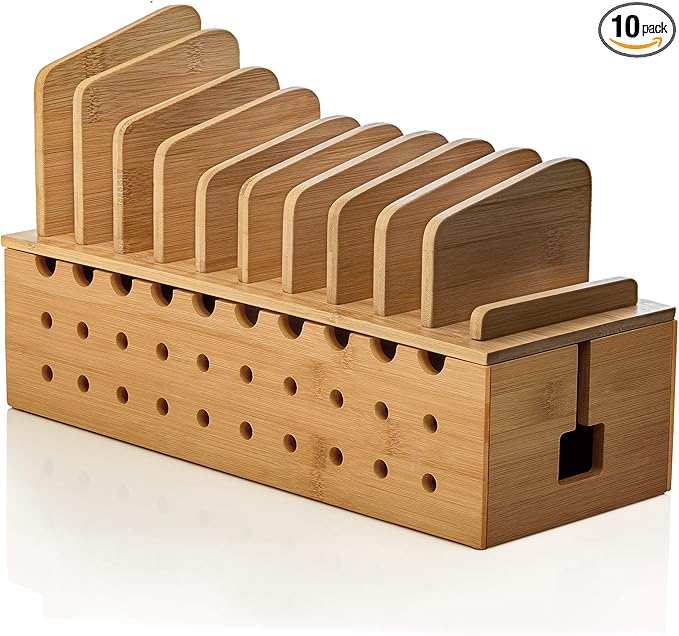 Prosumer's Choice Multi Device Charging Station - Bamboo Charging Dock and Cord Organizer for 10 Devices - Bamboo Desk Organizer Rack with Cable Box for Power Strip Storage, Phones and Tablets
