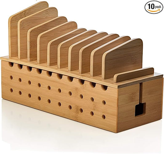 Prosumer's Choice Multi Device Charging Station - Bamboo Charging Dock and Cord Organizer for 10 Devices - Bamboo Desk Organizer Rack with Cable Box for Power Strip Storage, Phones and Tablets
