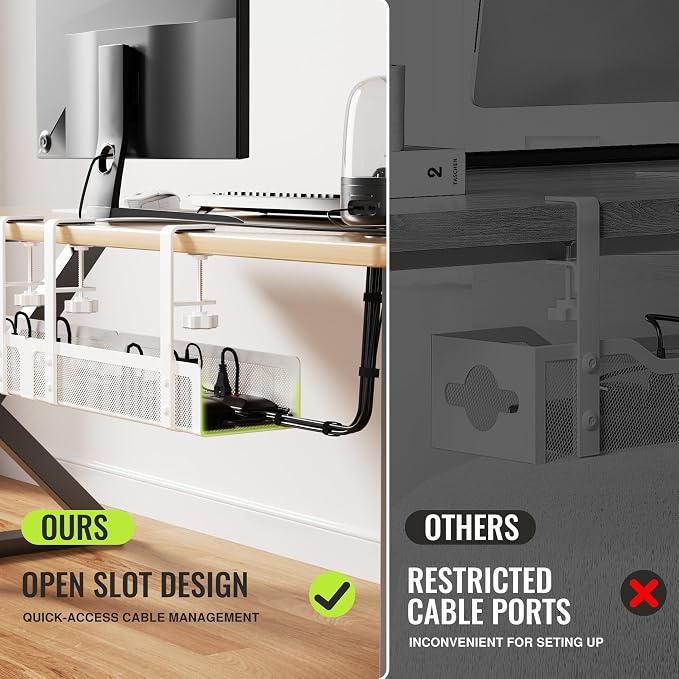 [Upgraded] 2 Pack Cable Management Under Desk Tray, Xpatee 27.6" No Drill Open Slots Cable Management Tray, Cord Wire Organizer Box with Clamp for Table Thickness up to 3" - No Desk Damage(White) - Image 3