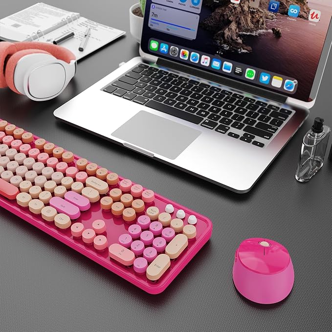 Wireless Keyboard and Mouse Combo, Ergonomic Full Size Typewriter Retro Round Keycaps Keyboard, Compatible with Windows, PC, Perfer for Home and Office Keyboards （Red）