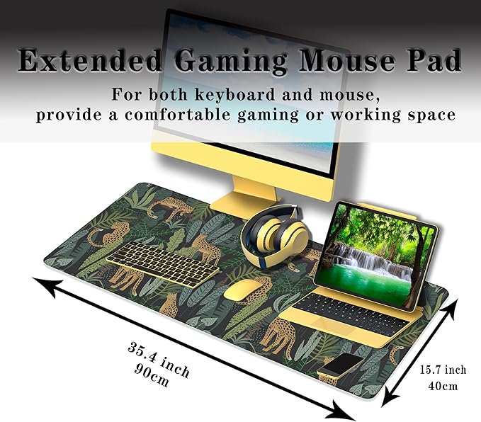 Extra Large Mouse Pad Yellow Green Office Desk Mats Gaming Mousepad Ga Mouse Pad Non-Slip Rubber Base Waterproof with Stitched Edges 35.4" X 15.7" for Game Office, Tropical Leaves