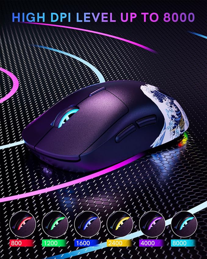 G57 Wireless Gaming Mouse, 8000 DPI, 80g, 2.4G/Bluetooth/USB-C Rechargeable Wireless Mouse with 5 Programmable Buttons for PC/Mac, Black