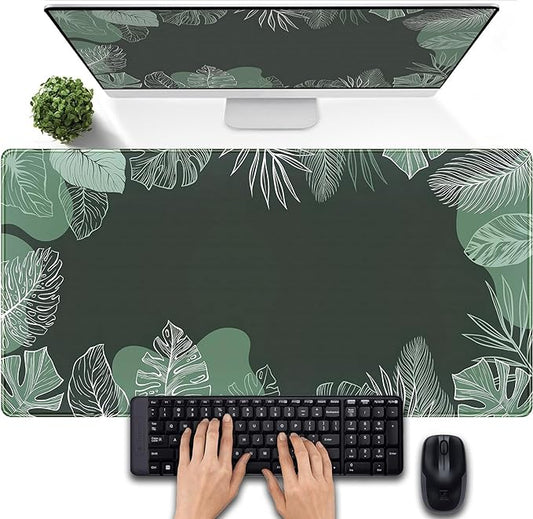 Green Plants Desk Mat Tropical Leaves Mouse Pad Cute, Large Extendded Gaming Deskmat, XXL Laptop Keyboard Mouse Mat Desktop Matt Women Office Desk Accessories Mousepad Desk Cover Mat, 31.5"x15.75"