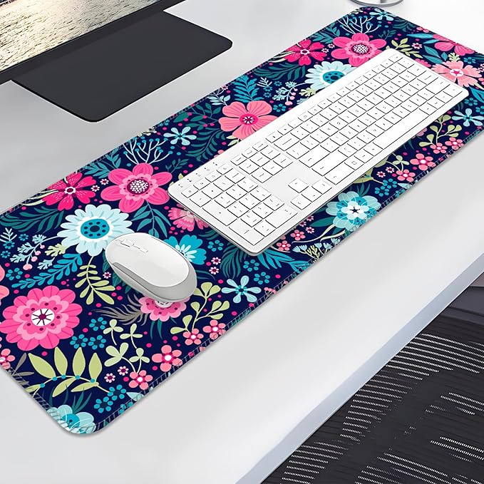Desk Mat,Big Desk Pad,31.5 x 11.5in Extended Gaming Mouse Pad,Large Mouse Pad for Desk Rubber Base Mousepad with Stitched Edges,Keyboard Mouse Mat for Work Game Office Home - Beautiful Flowers