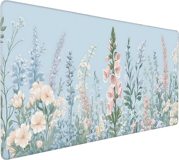 Cute Floral Aesthetic Wildflower Gaming Mouse Pad, Sky Blue Macaron Desk Mat with Anti-Slip Base & Stitched Edges, Computer Keyboard & Laptop Pad, 35.4" x 15.7" in in Workstation Accessories