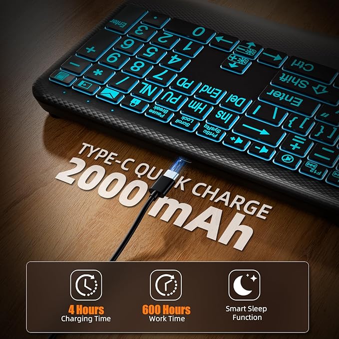 Large Print Backlit Wireless Keyboard – Silent Keyboards with Wrist Rest, 7-Color Light up, Quiet Low Profile Keys, 2.4G Wireless Rechargeable Full Size Keypad for Computer Laptop Windows, Black