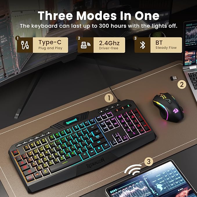 Redragon S101M-KS Gaming Keyboard and Mouse Wireless with Tri-Mode, RGB Keyboard and 4800 DPI Gaming Mouse, 10 Independent Multimedia Keys for Wins, PC, Computer, Wireless S101 Ideal for Gamer