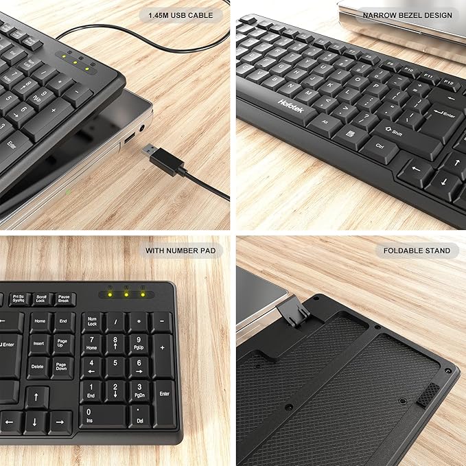 Wired Computer Keyboard, Full Size USB Quiet Keyboard with Number Pad,Slim Compact Soft Basic Laptop Keyboard for Windows PC Office Desktop (Black)