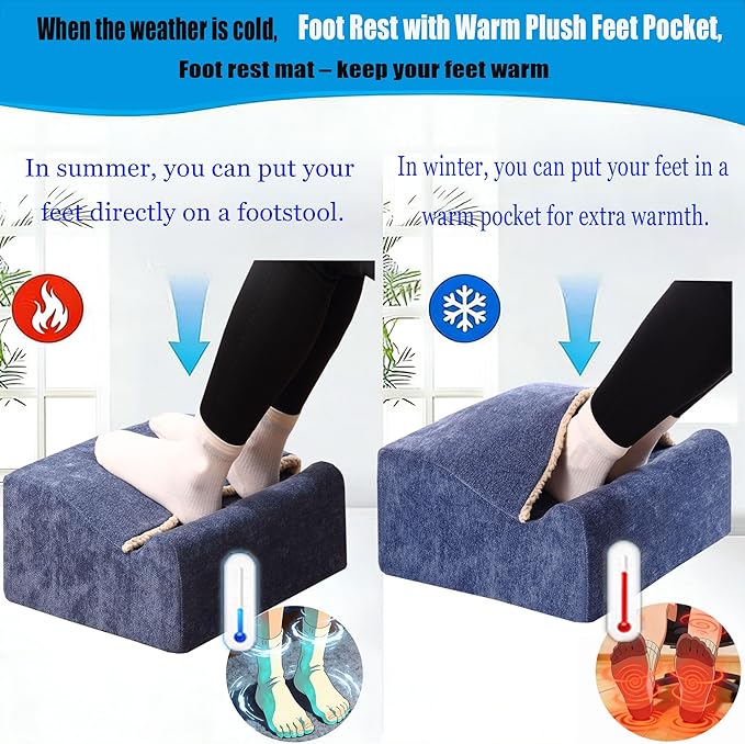 Foot Rest for Under Desk at Work, Office Footrest with Warm Feet Pocket,Ergonomic Under Desk Footrest with Washable Cover, Stool for Office Chair & Back &Pain Relief, (Blue+)