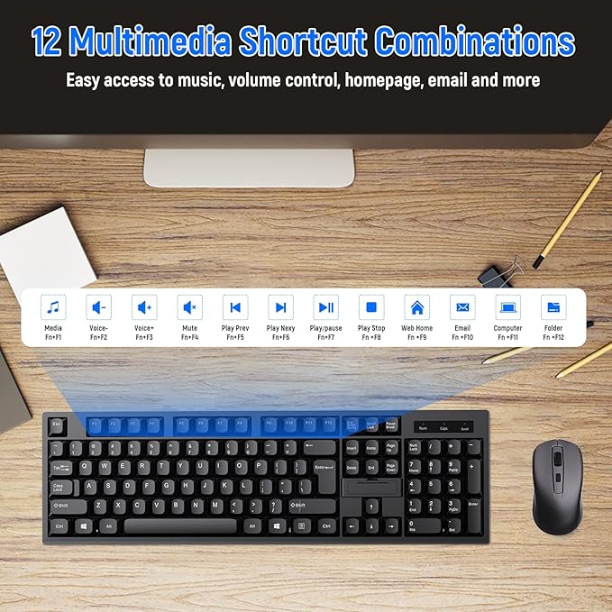 Wireless Keyboard and Mouse Combo-Full Size QWERTY Layout 2.4G Stereo Keycap Ergonomically Designed for Laptop,PC,Notebook,Windows,Computer,with USB-A&Typ-C 2-in-1 Receiver