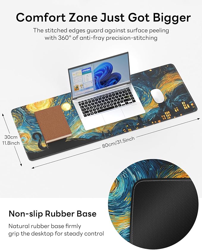 Van Gogh Cat Mouse Pad, 31.5 x 11.8 Large Desk Mat with Stitched Edges & Non-Slip Base, Mousepad for Office, Home, Work