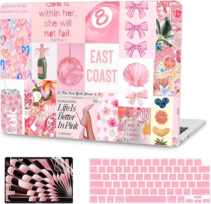 G JGOO Compatible with MacBook Air 13 inch Case 2026 2025-2022 M5 A3449 M4 A3240 M3 A3113 M2 A2681, Plastic Hard Shell for MacBook Air 13.6 inch Case +Keyboard Cover+Screen Protector, Pink Collage