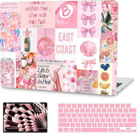 G JGOO Compatible with MacBook Air 13 inch Case 2026 2025-2022 M5 A3449 M4 A3240 M3 A3113 M2 A2681, Plastic Hard Shell for MacBook Air 13.6 inch Case +Keyboard Cover+Screen Protector, Pink Collage