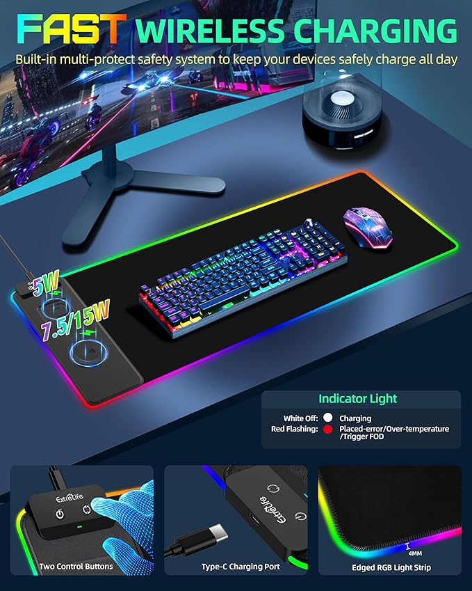 ExtreLife Wireless Charging Mouse Pad, RGB Gaming Mousepad, 31.5"x11.8" Extra Large Desk Mat, 13 Light Modes, Ultra-Smooth Surface, Non-Slip Base, Waterproof Computer Keyboard Pad for Laptop, Black