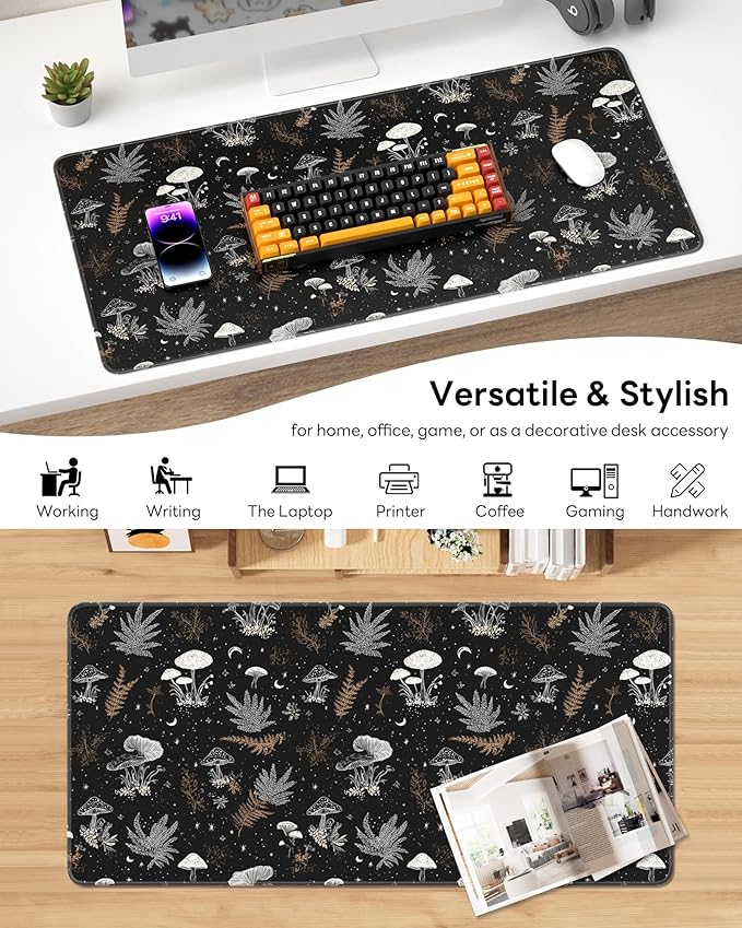 XL Gaming Mouse Pad, 31.5x15.7'' Large Desk Mat with Anti-Slip Rubber Base & Stitched Edges for Gaming, Office, Home - Black Art