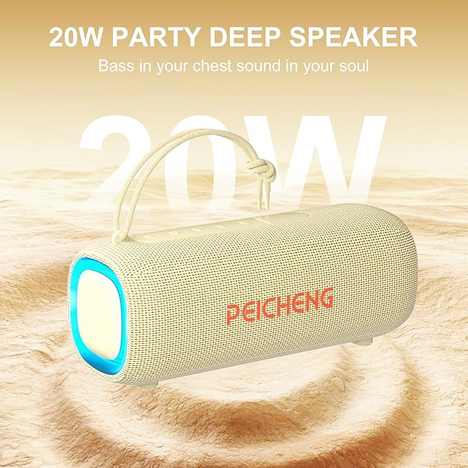 Bluetooth Speaker, Portable Wireless Clear Loud Stereo Sound IPX5 Waterproof with RGB Lights BT5.3 Long Playtime TWS Pairing,for Home Party Outdoor Beach,Great Gift Choice (Beige)