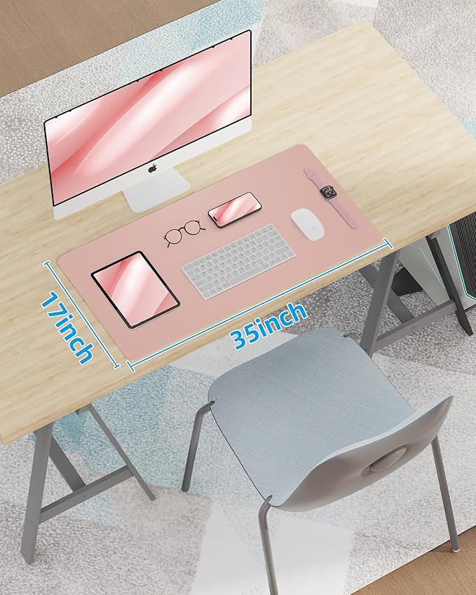Makeup Mat for Vanity, PU Leather Desk Pad Blotter,Waterproof & Oilproof Desk Protector, Easy Clean Beauty Station Mat for Dresser Top, 35x17 Inches, Pink