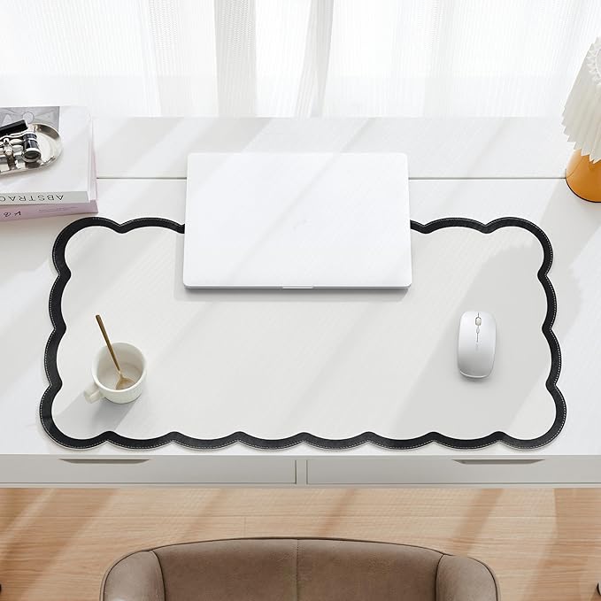 Scalloped Desk Mat, 31.5" x 15.7" Large Cute Black White Aesthetic Desk Accessories, PU Leather Computer Laptop Desk Mat Mouse Keyboard Pad, Desk Writing Makeup Mat for Vanity/Work/Home Decor