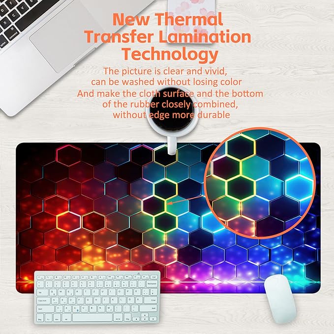 Desk Mat, Colorful Honeycomb Technology Desk Pad,Hexagonal Honeycomb Large Gaming Mouse Pad for Desk,31.5"x15.7" Extended Big Computer Keyboard Mouse Pad with Non-Slip Base and Stitched Edge