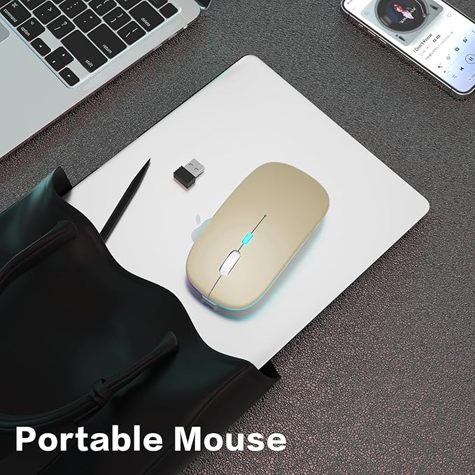 Wireless Bluetooth Mouse - Rechargeable Laptop Mice - with LED Lights,Dual Mode(Bluetooth 5.2 & Portable USB 2.4G) Connection,Silent - Computer Mouse for Laptop,iPad,Tablet,MacBook,& PC(Gold)