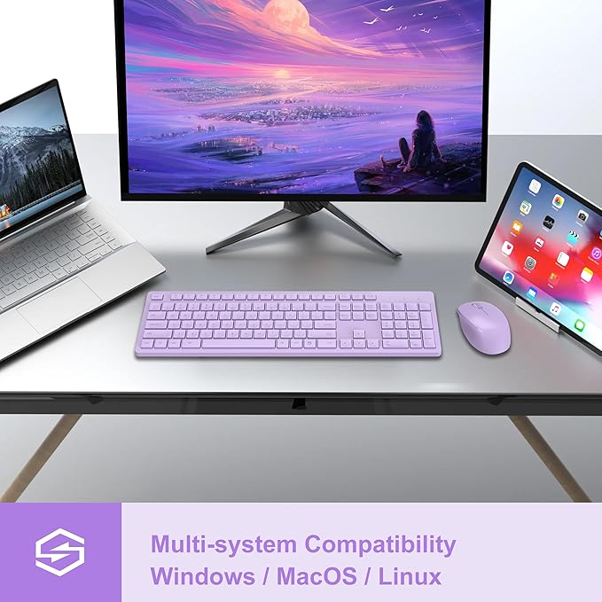 LeadsaiL Purple Wireless Keyboard and Mouse Combo, Full-Sized Ergonomic Computer Keyboard, 2.4GHz USB Cordless Keyboard Silent Mouse Set, 12 FN Shortcuts for Windows MacOS Laptop Computer