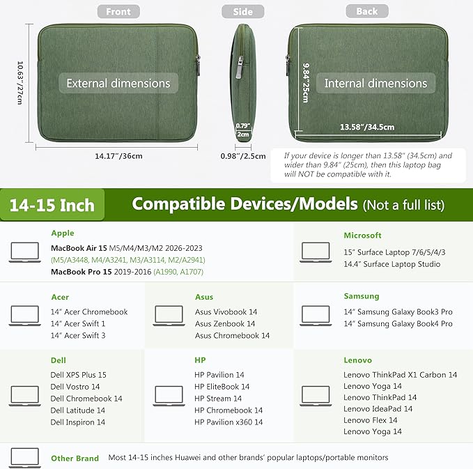HYZUO 14-15 Inch Laptop Sleeve Bag Set for MacBook Air 15 M5 A3448 M4 M3 M2 2026-2023, MacBook Pro 15, XPS 14/15 Plus, 15" Surface Laptop, Notebook Case for 14" HP Lenovo Asus Acer, Grass Green