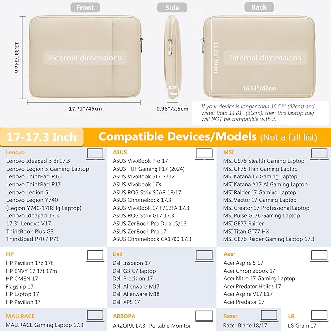 HYZUO 17-17.3 Laptop Sleeve Bag Set for 17" 17.3" HP/Lenovo/Dell/ASUS/Acer/LG/Toshiba/MSI Gaming Laptop/Razer Blade 17/18, Notebook Protective Case for Men Women, Sand